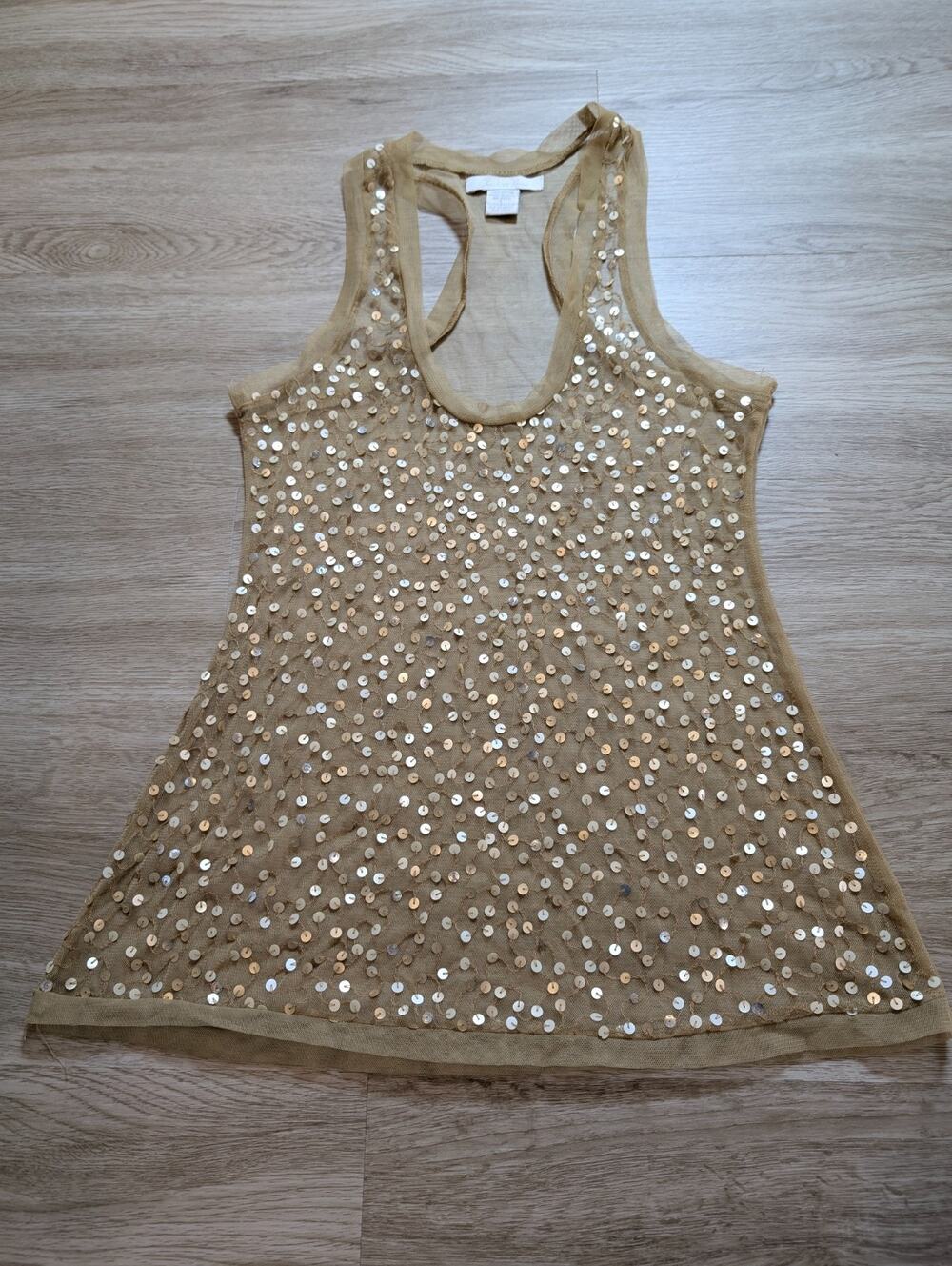 Charlotte Russe Womens L Gold Sequin Mesh Racerback Tank Top Party Club Y2K Top